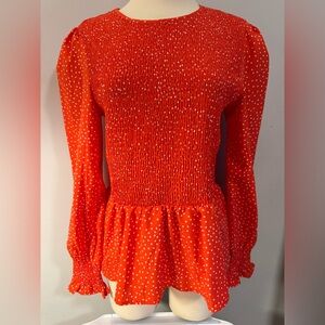 BNWT Women’s Red Polka Dot Smocked Peplum Long-Sleeve Top size L